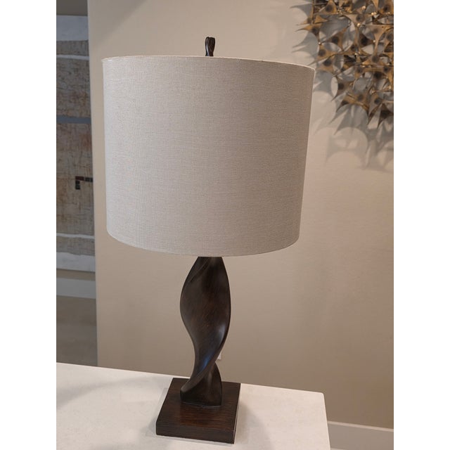 1970s Mid Century Modern Organic Twisted Wood Table Lamp & Shade For Sale - Image 4 of 5