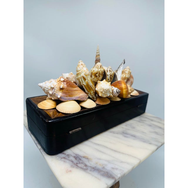 Boho Chic Vintage Carved Wooden Box With Shells For Sale - Image 3 of 11