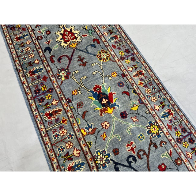 Blue Gray Persian-Style Floral Wool Runner Rug, Natural Dyes, 2'9" X 9'7" For Sale - Image 4 of 14