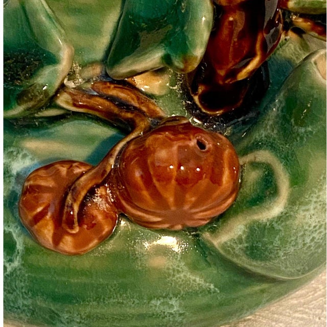Ceramic Vintage Majolica Ceramic Teapot Green Glaze With a Frog, Vines, and Hazelnuts. Unique Pottery. Charming. For Sale - Image 7 of 9