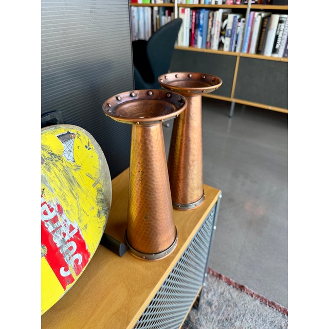 Antique Arts & Crafts Riveted Copper Trumpet Vases Pair Joseph Heinrichs Benedict Art Studio Attr. For Sale - Image 11 of 14