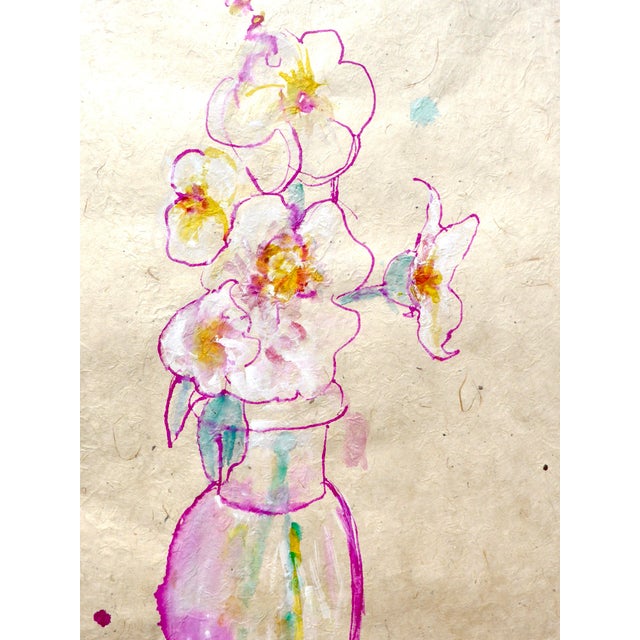 Contemporary "Vase of Hollyhocks" Contemporary Ink Painting on Rice Paper by Martha Holden.. For Sale - Image 3 of 8