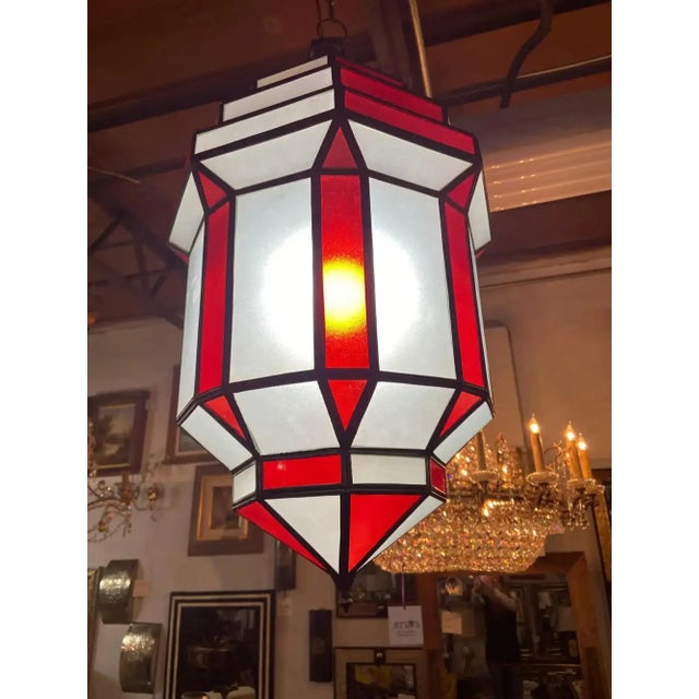 1990s Art Deco-Style White Milk & Red Glass & Bronze Chandelier, Pendant or Lantern For Sale - Image 4 of 18