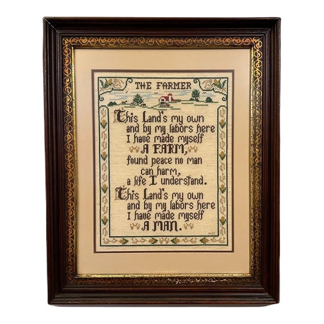 Large Vintage Framed "The Farmer" Counted Cross Stitch - Rustic Farmhouse For Sale
