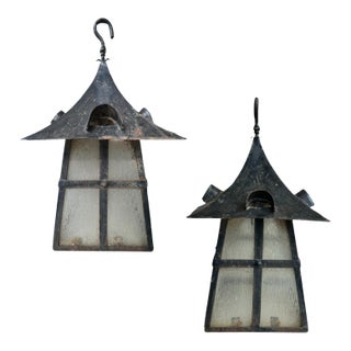 Vintage French Pair of Iron Lanterns For Sale