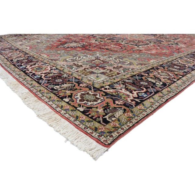 vintage Persian Heriz rug with Mid-Century Modern style 12'09 x 19'05. Warm and inviting with Mid-Century Modern style,...