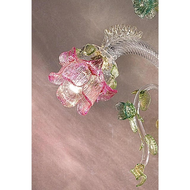 Scenographic venetian floral pink and green blowing murano glass wall sconce. all made by hand in clear murano glass with...