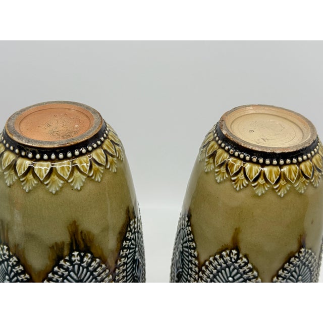 Green Pair of Doulton Lambeth Salt Glazed Decorated Vases 1884 For Sale - Image 8 of 16