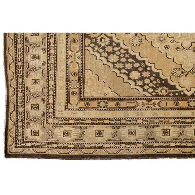 1930s Antique Khotan Wool Rug Handmade in Tan Color With Center Motif For Sale - Image 5 of 10