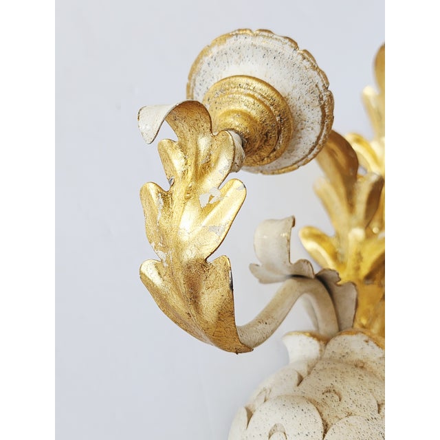Vintage Italian Giltwood & Tole Pineapple Candle Wall Sconces For Sale - Image 9 of 12