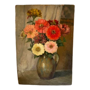 Oil Painting on Wood Panel Bouquet of Peonies in the Terracotta Jug. Sign Martin-Sauvaigo France 1940