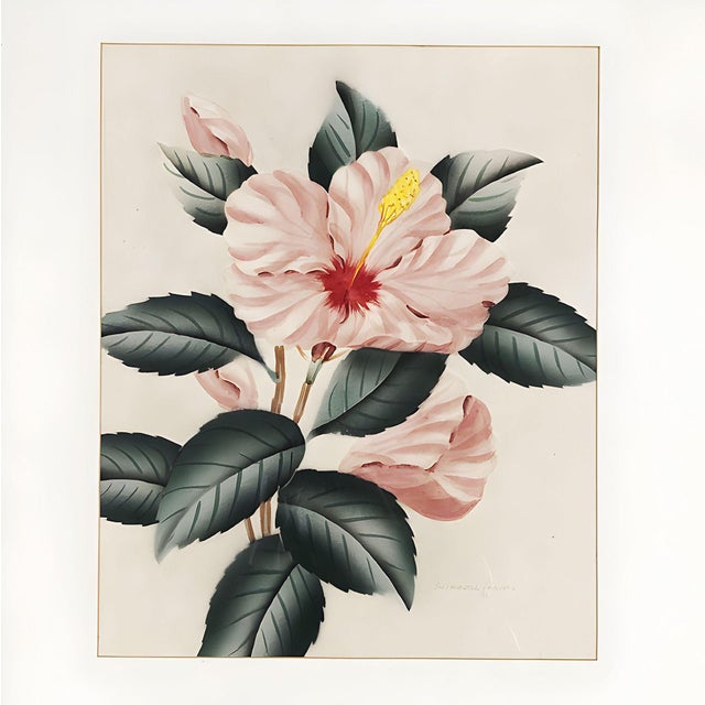 Original 1940s Pink Hibiscus Watercolor Painting on Paper Signed by Shirrell Graves. The painting features its original...