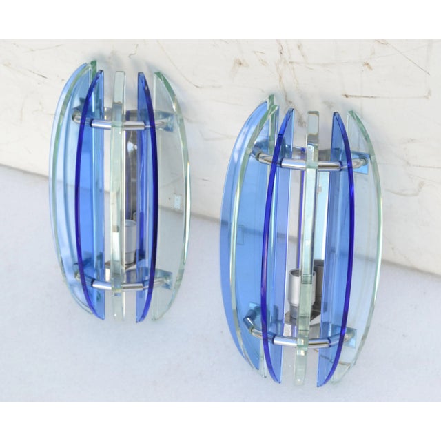 Mid-Century Modern Italian Glass & Chrome Sconces by Veca Blue & Clear Mid-Century Modern - Pair For Sale - Image 3 of 13