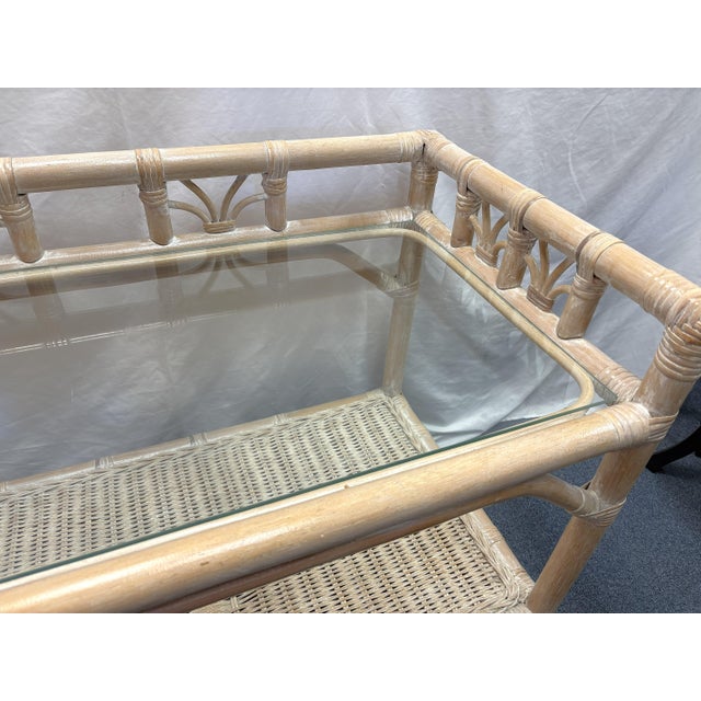 Vintage Palm Beach Chic Ficks Reed Style Rattan and Glass Rolling Bar Cart For Sale - Image 10 of 14