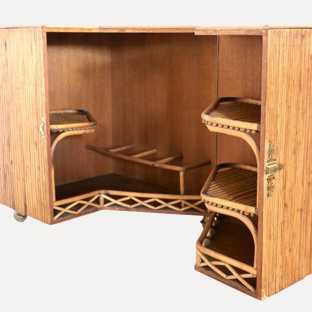 Corner Rattan Bar with Triangular Patterned Top, Brass Hardware and Casters and Wooden Interior with Shelves, Italy, 1970s For Sale - Image 3 of 10