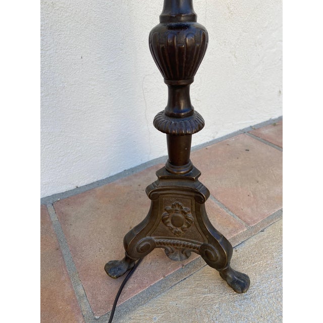 Bronze Vintage Regency Style 2 Light Embellished Bronze Floor Lamp With Attached Marble Table and Shade For Sale - Image 8 of 15