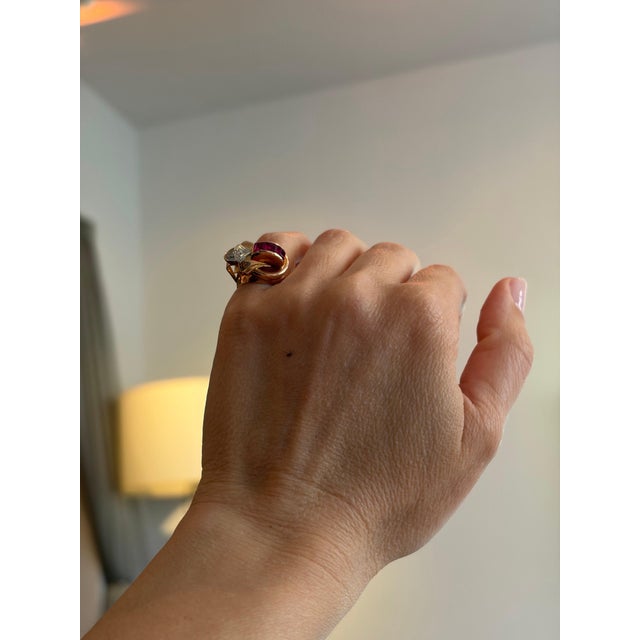 0.60Ct Natural Invisible Set Ruby & Diamond 14 Karat Rose Gold Pinky Ring Size 4 For Sale In New York - Image 6 of 8