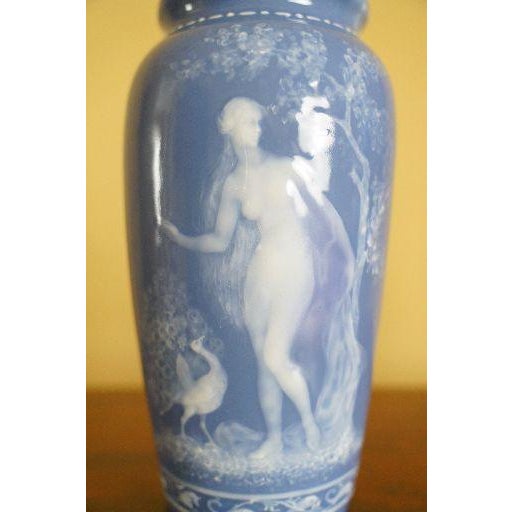 French Pair of Antique Limoges Pâte-Sur-Pâte Blue Porcelain Vases For Sale - Image 3 of 13
