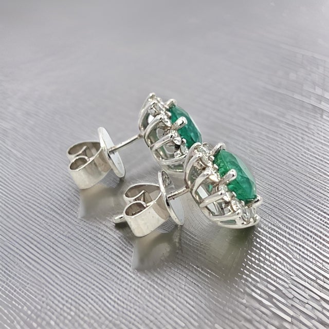 Traditional Natural Emerald Diamond Earrings 14k Gold 2.99 TCW Certified For Sale - Image 3 of 10