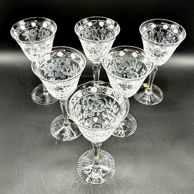 Meissen Crystal Wine Glasses, Floral Engraved & Cane Cut, German Bleikristall, 1960s, Set of 6 For Sale - Image 17 of 18