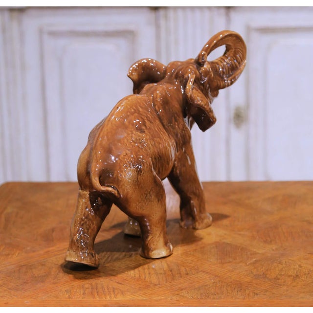 Ceramic Mid-Century Italian Glazed Ceramic Elephant Sculpture With Raised Trunk For Sale - Image 7 of 8