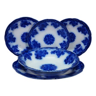 5 Pc Antique New Wharf Pottery Waldorf Flow Blue Porcelain Dinnerware Bowl Plate For Sale