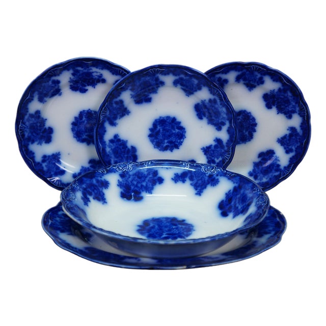 5 Pc Antique New Wharf Pottery Waldorf Flow Blue Porcelain Dinnerware Bowl Plate For Sale