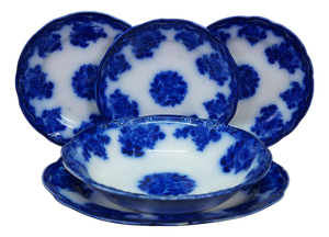 5 Pc Antique New Wharf Pottery Waldorf Flow Blue Porcelain Dinnerware Bowl Plate