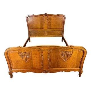Vintage Louis XV French Double Bed Frame in Carved Oak For Sale
