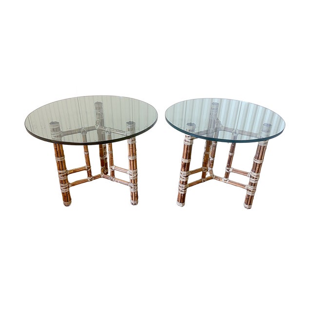 Wood 1970's Attributed McGuire Furniture Leather Wrapped Bamboo Accent Tables - A Pair For Sale - Image 7 of 12