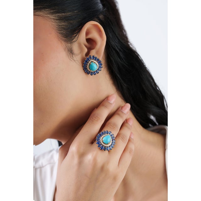 Not Yet Made - Made To Order Art Deco 17ct Turquoise & Blue Sapphire Statement Earrings With Diamonds in 14k Gold- A Pair For Sale - Image 5 of 17