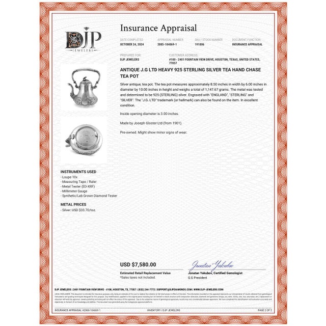 Antique j.g Ltd Heavy 925 Sterling Silver Tea Hand Chase Tea Pot For Sale - Image 9 of 9