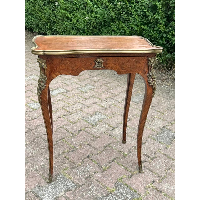 1860 French Artisan Louis XV Brown Marquetry Center Table-1 Pc For Sale - Image 4 of 17