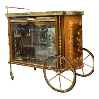 Exceptional French Marquetry Bar Cart With Etched Glass & Brass Gallery, C. 1950 For Sale