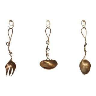Set of Three Brutalist Brass Decorative Serving Pieces - Ladle, Spoon, and Fork For Sale