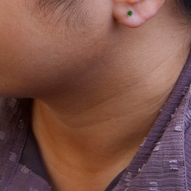 .925 Sterling Silver 0.15 Cttw Round Brilliant-Cut Green Diamond Classic 4-Prong Stud Earrings, A Pair For Sale - Image 4 of 5
