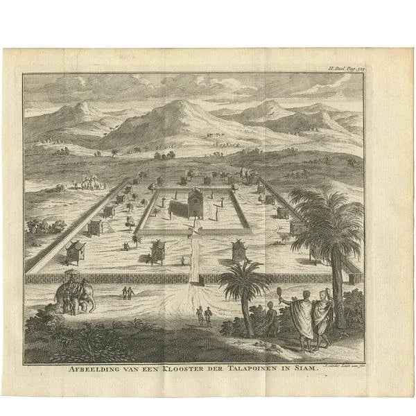 Antique print titled 'Image of a Monastery of the Talapoinen in Siam'. View of a monastery of the Talapoin in Siam,...