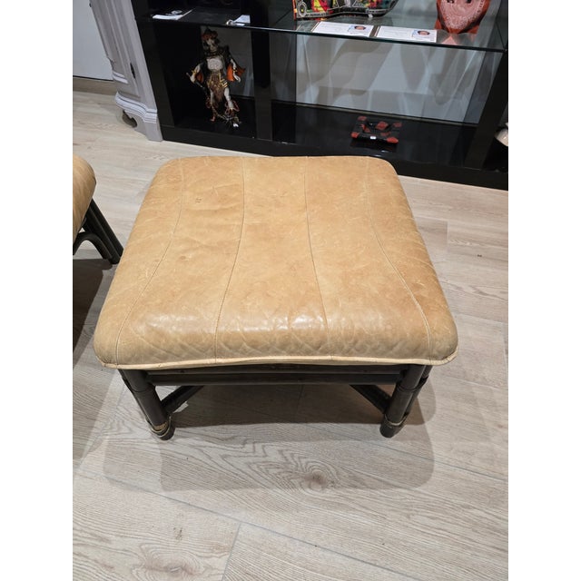 1970s Set of Vintage Camel Leather Lounge Chair and Ottoman with Wooden Frames, 1970s For Sale - Image 5 of 12