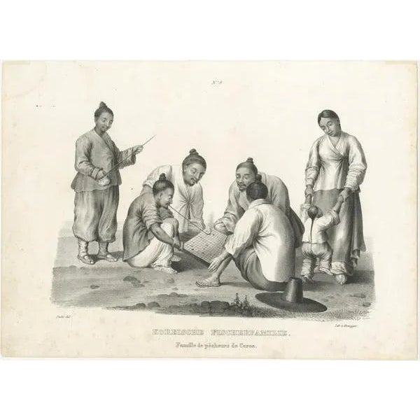 Antique print titled 'Koreische Fischerfamilie. Famille de pècheurs de Corea'. Original antique steel engraving showing a...