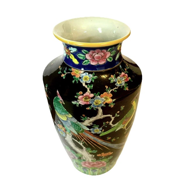 Ceramic Japanese Black Enameled Bird of Paradise Porcelain Vase, Circa 1930 For Sale - Image 7 of 8
