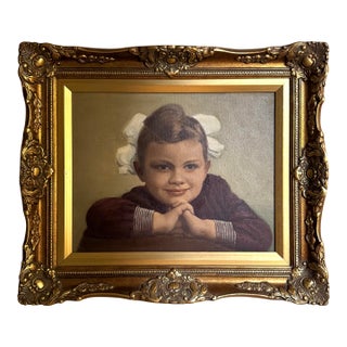 Mid-Century Portrait of a Young Girl in Ornate Gilt Frame Mid Size For Sale