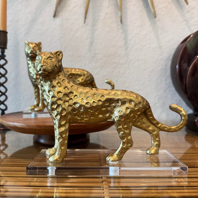 Mid-Century Modern Brass Cheetah Sculptures on Lucite Bases For Sale - Image 3 of 10