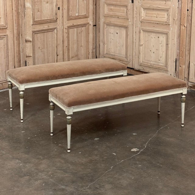 Early 20th Century Pair of Antique French Louis XVI Neoclassical Painted and Parcel Gilt Benches For Sale - Image 5 of 18