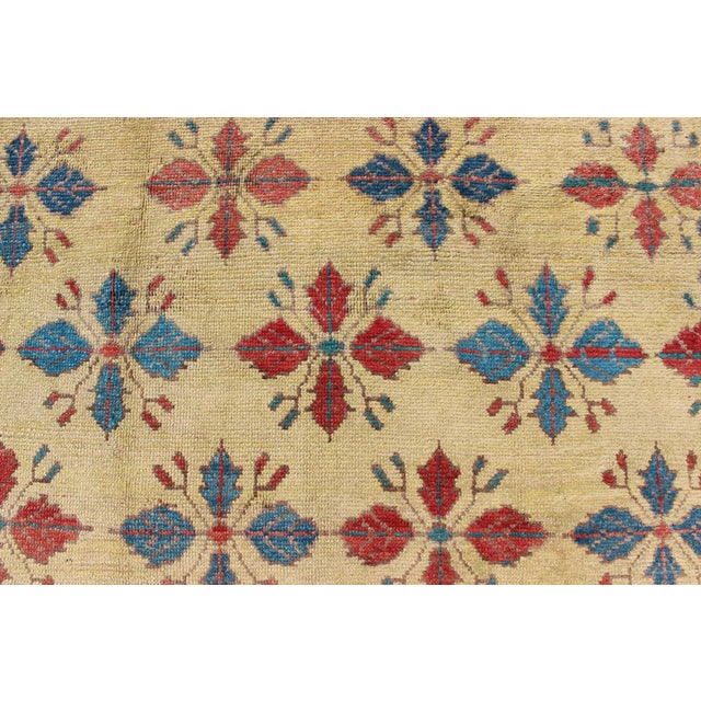 Mid-Century Modern Mid 20th Century Vintage Turkish Sub-Geometric All-Over Floral Oushak in Yellow, Red, and Blue For Sale - Image 3 of 9