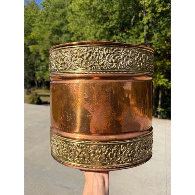 Antique Copper & Repoussé Brass Victorian-Style Wastepaper Basket / Decorative Waste Bin For Sale - Image 4 of 12