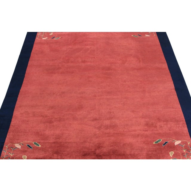 Rug & Kilim Vintage Chinese Deco Style Rug in Coral Red, Blue Floral Pattern by Rug & Kilim For Sale - Image 4 of 5