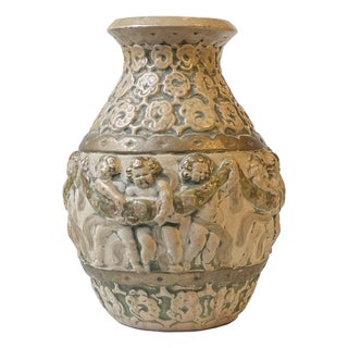 Antique Historicism Italian Pottery Vase with Puttis, 1920s For Sale