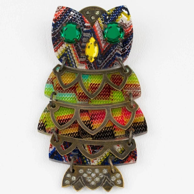 Contemporary Missoni Italy Brass and Fabric Jeweled Owl Pin Brooch For Sale - Image 3 of 6