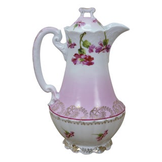 Antique Imperial Austria Pink Floral Chocolate Pot Teapot Tea Coffee Pitcher 9" For Sale