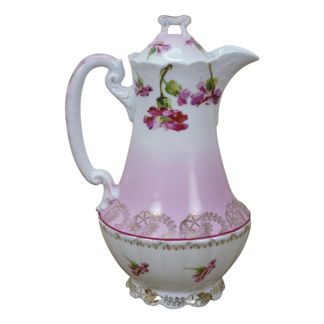 Antique Imperial Austria Pink Floral Chocolate Pot Teapot Tea Coffee Pitcher 9" For Sale